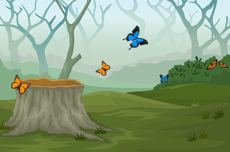 funny butterfly with deep forest landscape backgroundのイラスト素材
