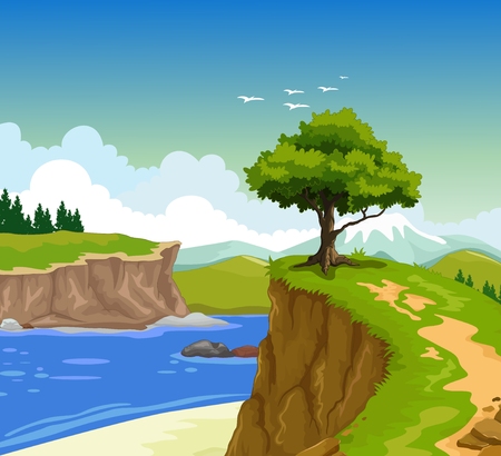 beauty mountain cliff with lake backgroundのイラスト素材
