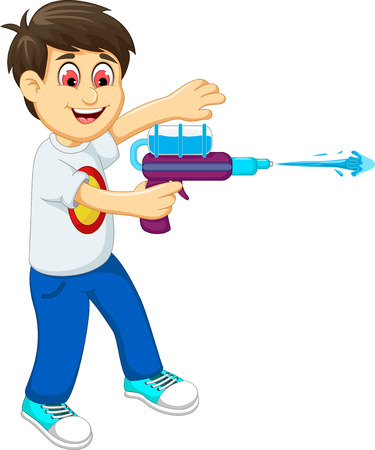 funny boy cartoon playing water gunのイラスト素材