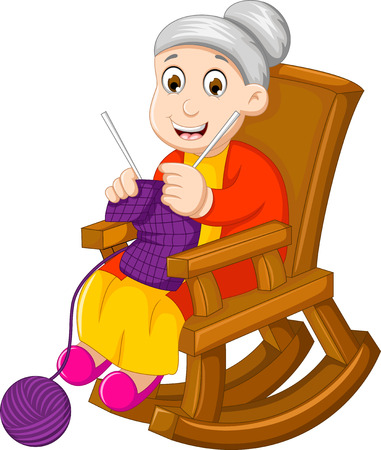 funny grandmother cartoon knitting in a rocking chairのイラスト素材