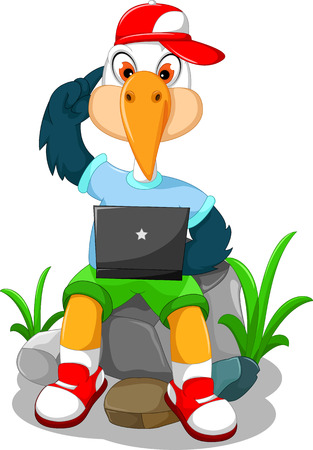 cute stork cartoon playing computerのイラスト素材