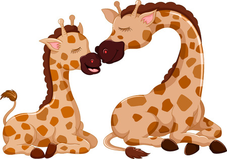 funny giraffe cartoon with her babyのイラスト素材