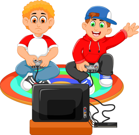 funny two boys playing playstationのイラスト素材