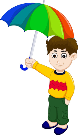 cute boy cartoon holding umbrellaのイラスト素材