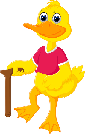 cute duck cartoon standing bring stick with smileのイラスト素材