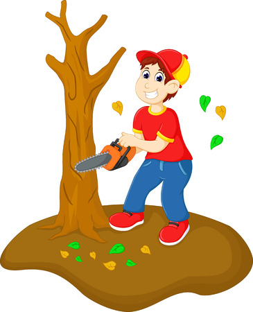 handsome boy cartoon cutting tree with sawのイラスト素材