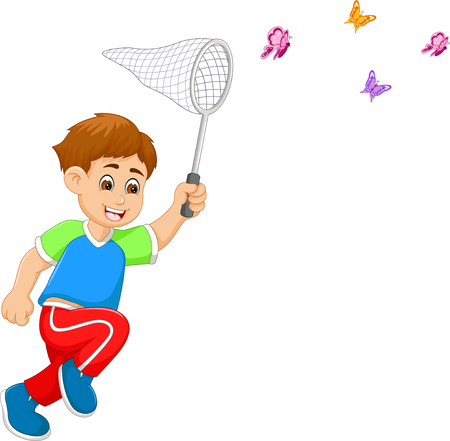 funny boy cartoon running catch butterfly with cheerfulのイラスト素材