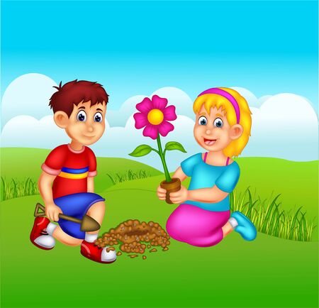 Funny Boy And Girl With Flower Cartoon For Your Designのイラスト素材