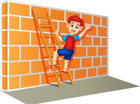 Funny Boy Climbing Up The Wall Cartoon For Your Designのイラスト素材