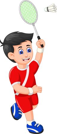 Funny Badminton Boy Player In Red Uniform Cartoon For your designのイラスト素材