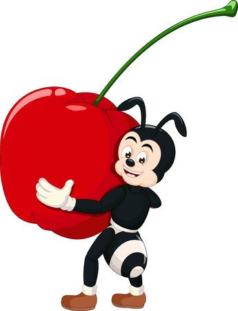 Funny Black Ant With Red Apple Cartoon For Your Designのイラスト素材
