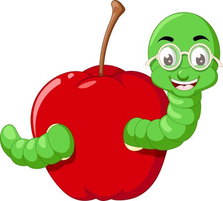 Funny Green Caterpillar Wearing Glasses With Red Apple Cartoon for your designのイラスト素材