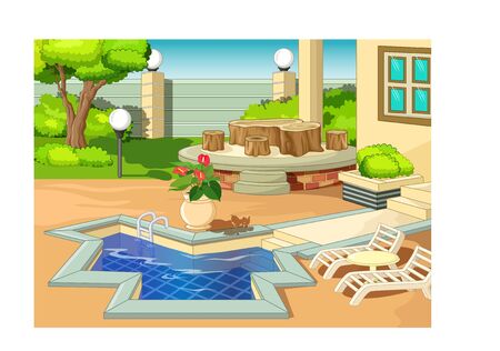 Cool Back Yard With Swimming Pool And Chair Cartoon for your designのイラスト素材
