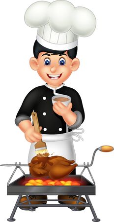 Funny Chef In Black White Uniform Cooking Barbeque Cartoon for your designのイラスト素材