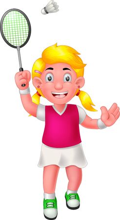 Funny Badminton Player Girl In Pink Shirt White Dress With Racket And Ball Cartoon for your designのイラスト素材