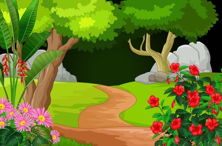 Cool Landscape Forest View With Tropical Plants Cartoon Setのイラスト素材