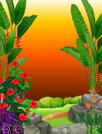 Landscape Field View With Tropical Plants Cartoon Setのイラスト素材