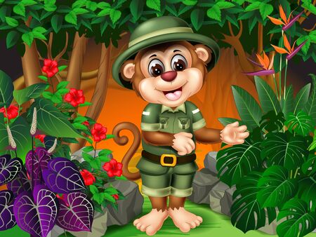 Funny Monkey In Jungle With Tropical Plant Cartoonのイラスト素材