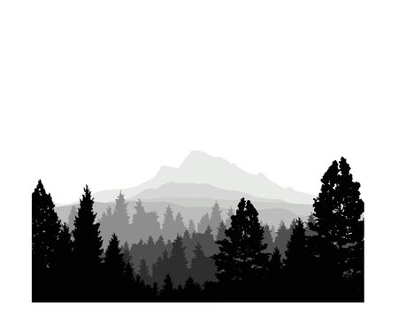 Beautiful Black Grey Silhouette of Trees Nature Forest With Mountain Cartoonのイラスト素材