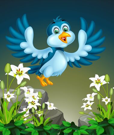 Flying Blue Bird On the Top of Rocks And White Ivy Flower Cartoonのイラスト素材