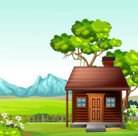Cool Brown Wood Tree House In Grass Field Hill Cartoonのイラスト素材