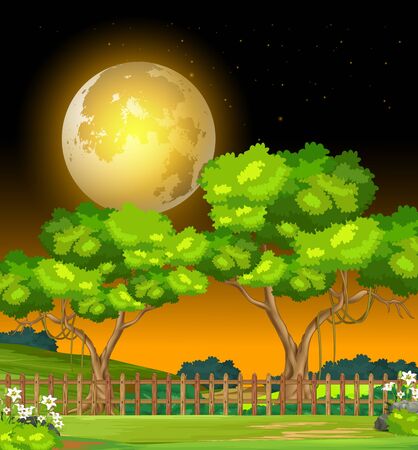 Cool Grass Field Yard Hill Landscape Night View Cartoonのイラスト素材