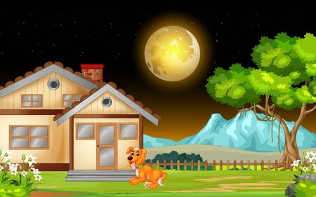 Cool Brown Dog In Front of House In Grass Field Yard Landscape Night View Cartoonのイラスト素材