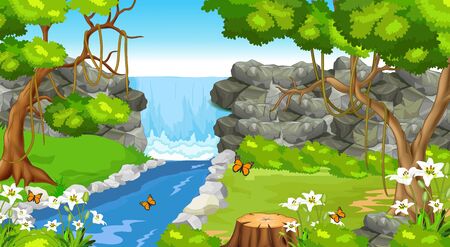 Beautiful Landscape View With Waterfall, River, Grass Field, Flower, And Trees Cartoonのイラスト素材