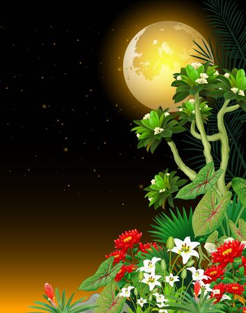 Tropical Plant and Ivy Flower With Beautiful Full Moon in Night View Cartoonのイラスト素材