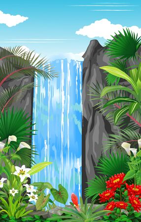 Beautiful Waterfall In Forest With Tropical Plant and Flower Cartoonのイラスト素材