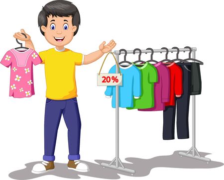 Shopkeeper Man With Sell Discount Shirt Cartoonのイラスト素材