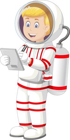 Astronaut Man in White Red Suit Uniform With Pen and Sheet Board Cartoonのイラスト素材