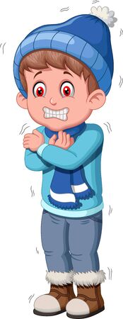 Cold Boy in Red Jacket With Scarf and Hat Cartoonのイラスト素材