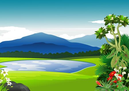 Tropical Grass Field Landscape View With Ivy Plants Cartoon Vector Illustrationのイラスト素材