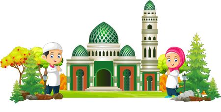 Islamic Mosque Cartoon With Two Kidsのイラスト素材