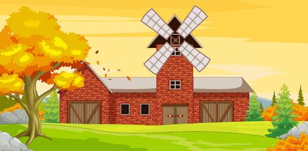 Big Farm House With Autumn Forest Backgroundのイラスト素材