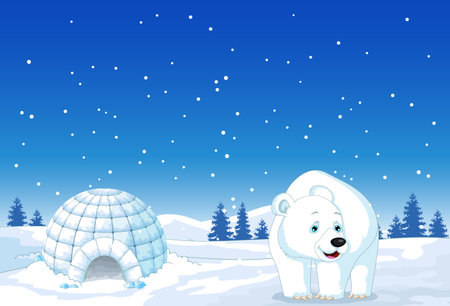 Vector illustration of Cute polar bear and igloo in the snowのイラスト素材