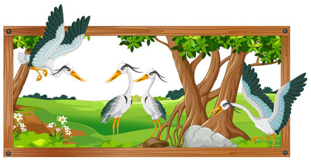 Wooden frame with herons in the nature illustration. EPS10のイラスト素材