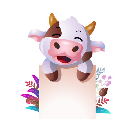 vector of cute cow cartoon with blank signのイラスト素材