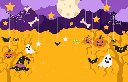 vector of halloween party background with clouds, bats and pumpkinsのイラスト素材