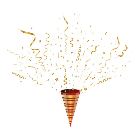 festive party popper with gold confetti. vector illustrationのイラスト素材