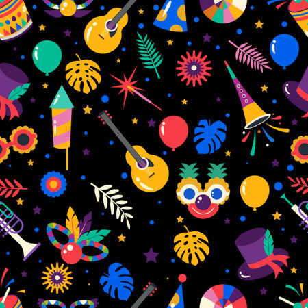 Seamles patter of Brazilian Carnival, music festival, masquerade. vector illustrationのイラスト素材