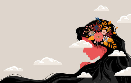 beautiful concept of a step into the unknown future the head of a girl in the clouds. vector illustrationのイラスト素材