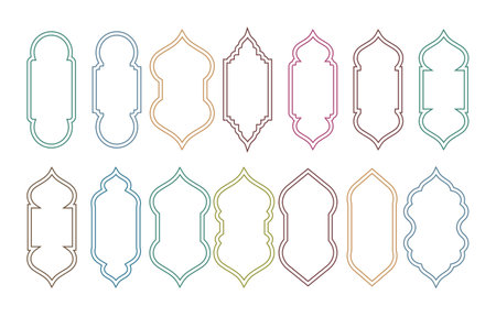Set of oriental style Islamic windows and arches with modern boho design, mosque dome and lanterns. vector illustrationのイラスト素材