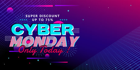 vector of Cyber Monday banner with retro neon design and shop button conceptのイラスト素材