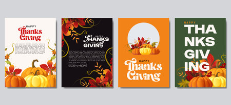 vector of Happy Thanksgiving day and harvest posters collection with pumpkins, foliage and copy space for textのイラスト素材