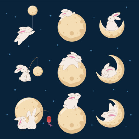 bunny and moon collection for mid autumn. vector printのイラスト素材