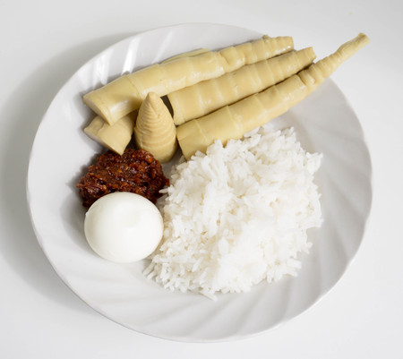 Thai food ,chill paste (Nam-prig) eaten with rice bamboo shoot and egg.の写真素材