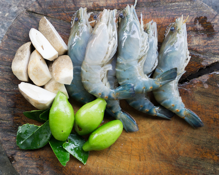 Ingredients of Thai food Tom Yum Goong. shrimp mushroom and herb.の写真素材
