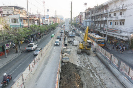 BANGKOK, THAILAND - March 5, 2017 : Traffic on Phahon Yothin Road under construction BTS green line in Bangkok Thailand.のeditorial素材